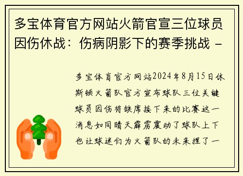 多宝体育官方网站火箭官宣三位球员因伤休战：伤病阴影下的赛季挑战 - 副本